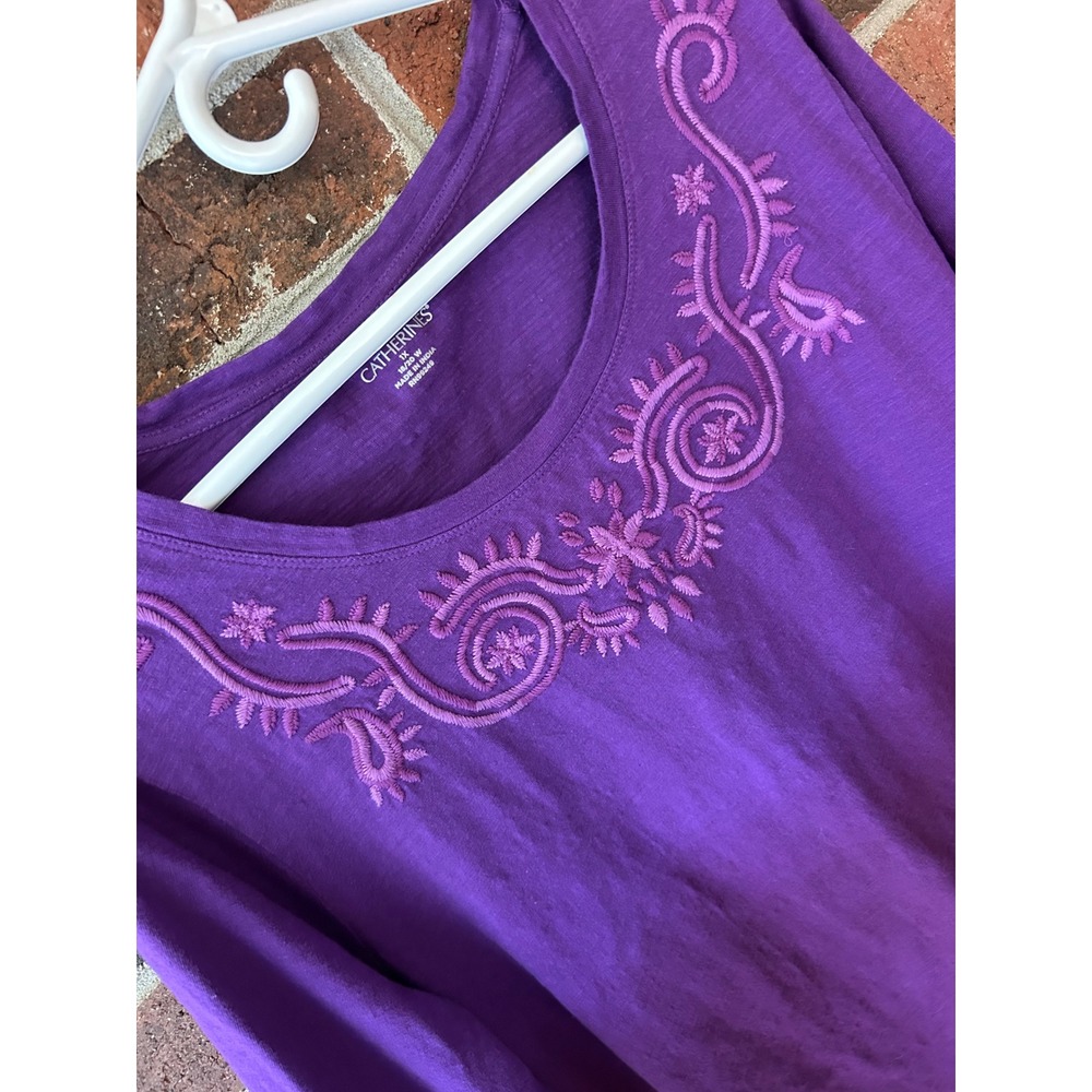 Catherines Purple Embroidered Scoop Neck 3/4 Sleeve Knit Top Plus Size 1X 18/20W
